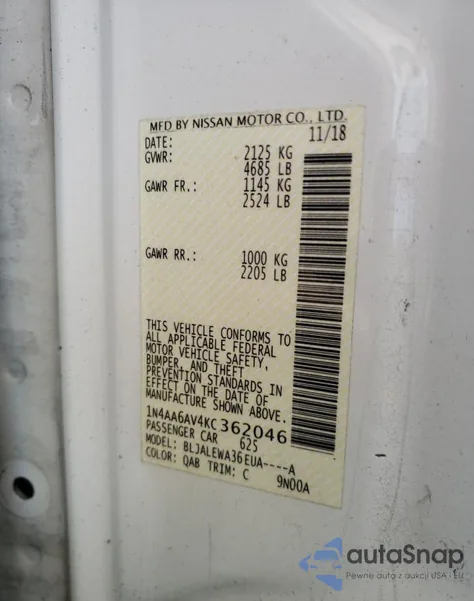 2019 Nissan Maxima S из США, поврежденный, VIN 1N4AA6AV4KC362046